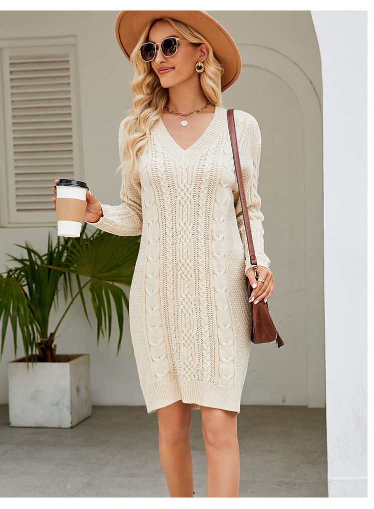 Womens Cable Knit Sweater Dress V-Neck Long Sleeve Winter Dress
